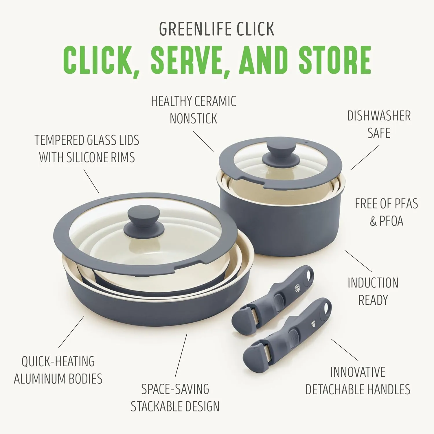 GreenLife 10 Piece Ceramic Pots and Pans Set, Nonstick Detachable & Stackable Cookware Set, Induction Kitchen Pans, Space Saving with Removable Handle, Oven Safe, Non Toxic PFAS-Free, Graphite
