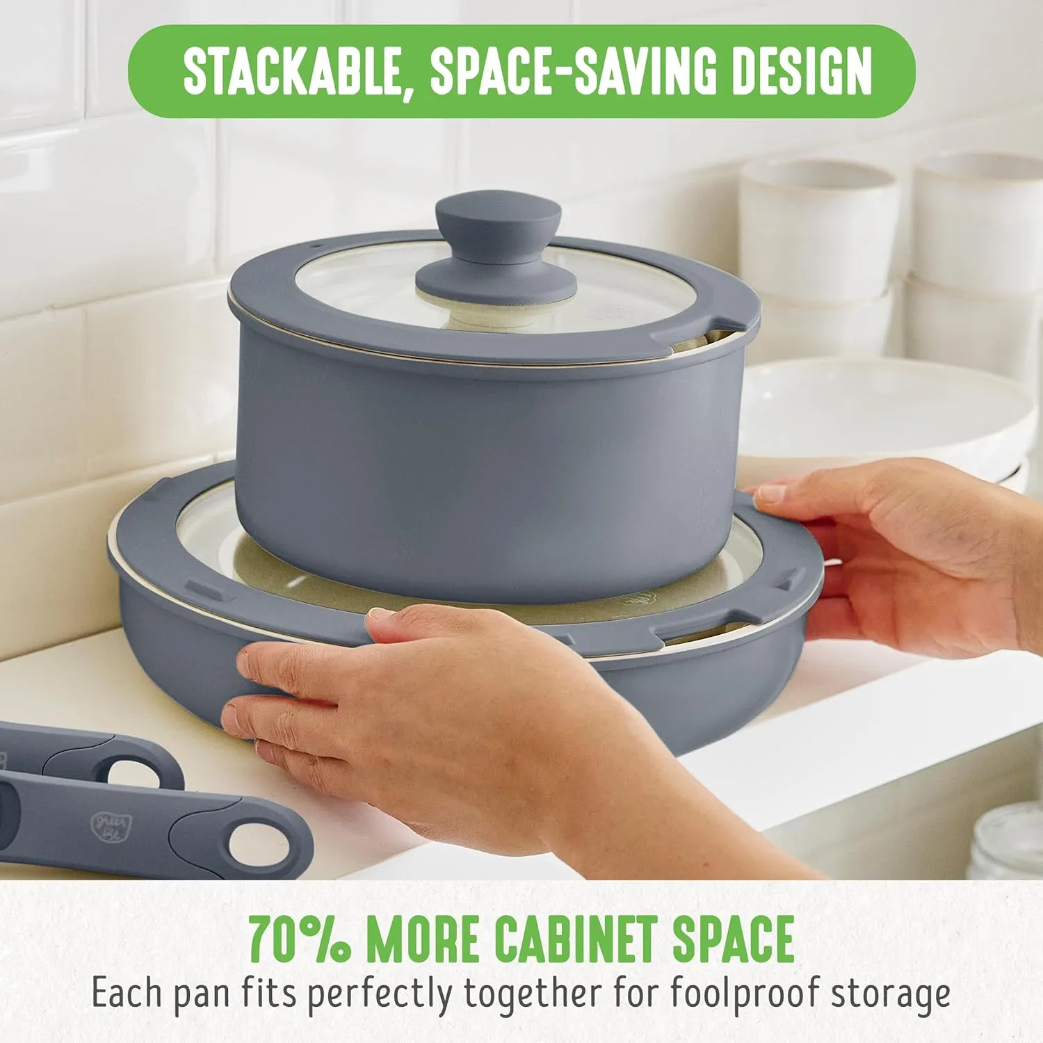 GreenLife 10 Piece Ceramic Pots and Pans Set, Nonstick Detachable & Stackable Cookware Set, Induction Kitchen Pans, Space Saving with Removable Handle, Oven Safe, Non Toxic PFAS-Free, Graphite