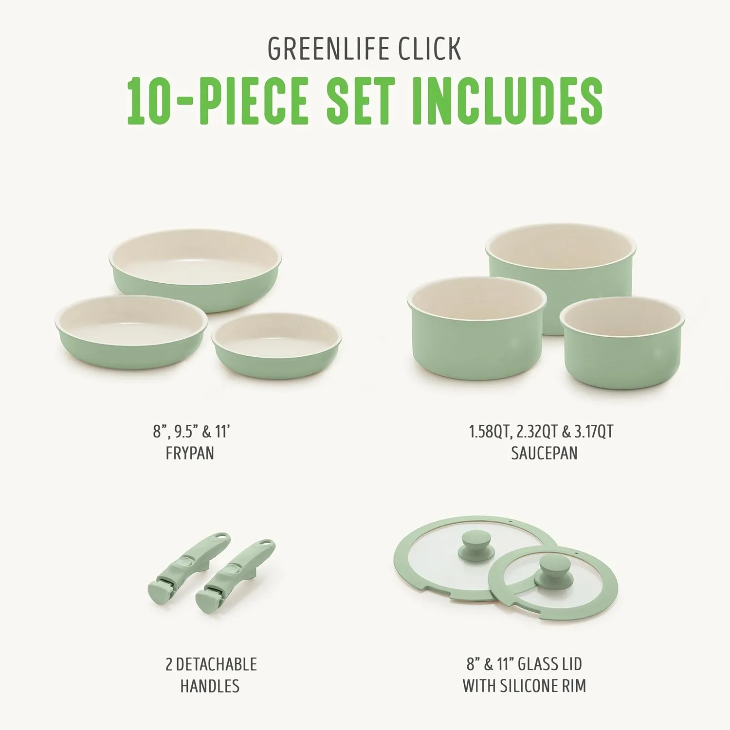 GreenLife 10 Piece Ceramic Pots and Pans Set, Nonstick Detachable & Stackable Cookware Set, Induction Kitchen Pans, Space Saving with Removable Handle, Oven Safe, Non Toxic PFAS-Free, Sage Green