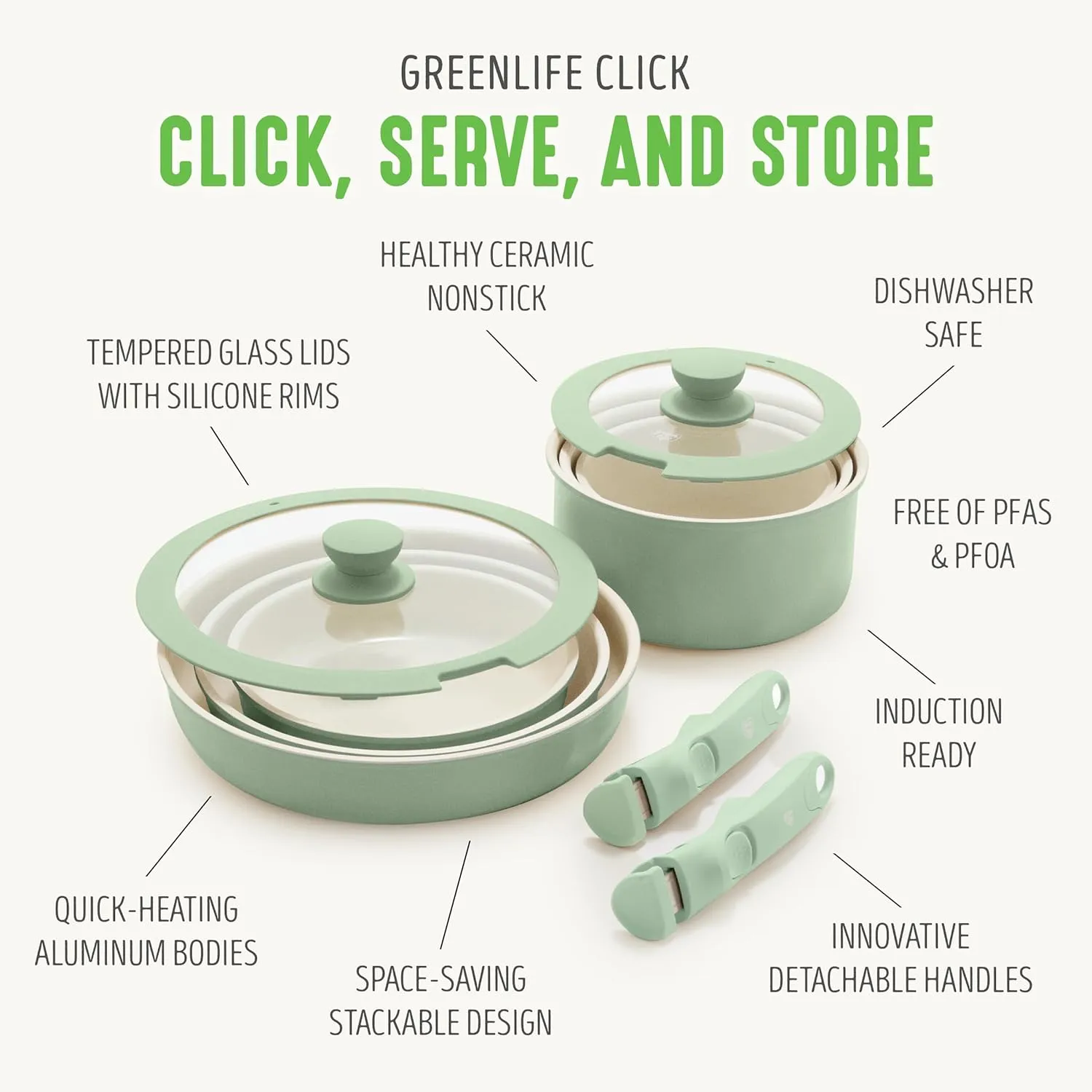 GreenLife 10 Piece Ceramic Pots and Pans Set, Nonstick Detachable & Stackable Cookware Set, Induction Kitchen Pans, Space Saving with Removable Handle, Oven Safe, Non Toxic PFAS-Free, Sage Green
