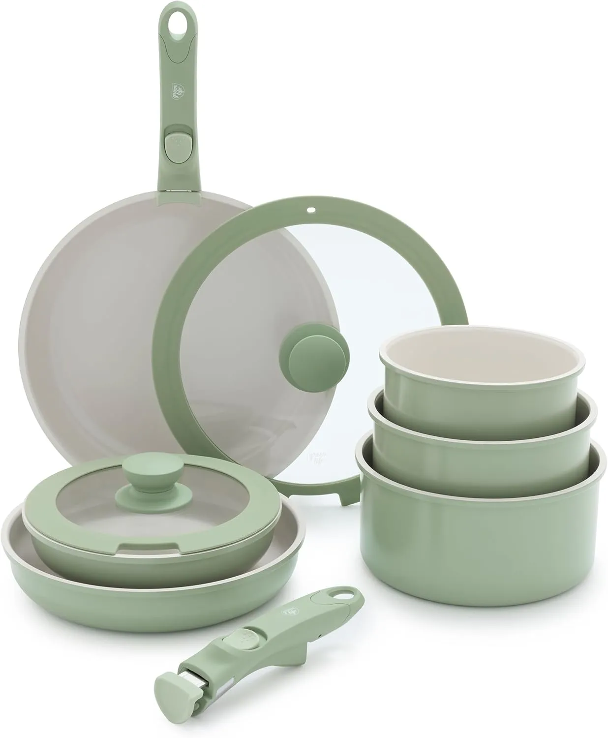 GreenLife 10 Piece Ceramic Pots and Pans Set, Nonstick Detachable & Stackable Cookware Set, Induction Kitchen Pans, Space Saving with Removable Handle, Oven Safe, Non Toxic PFAS-Free, Sage Green