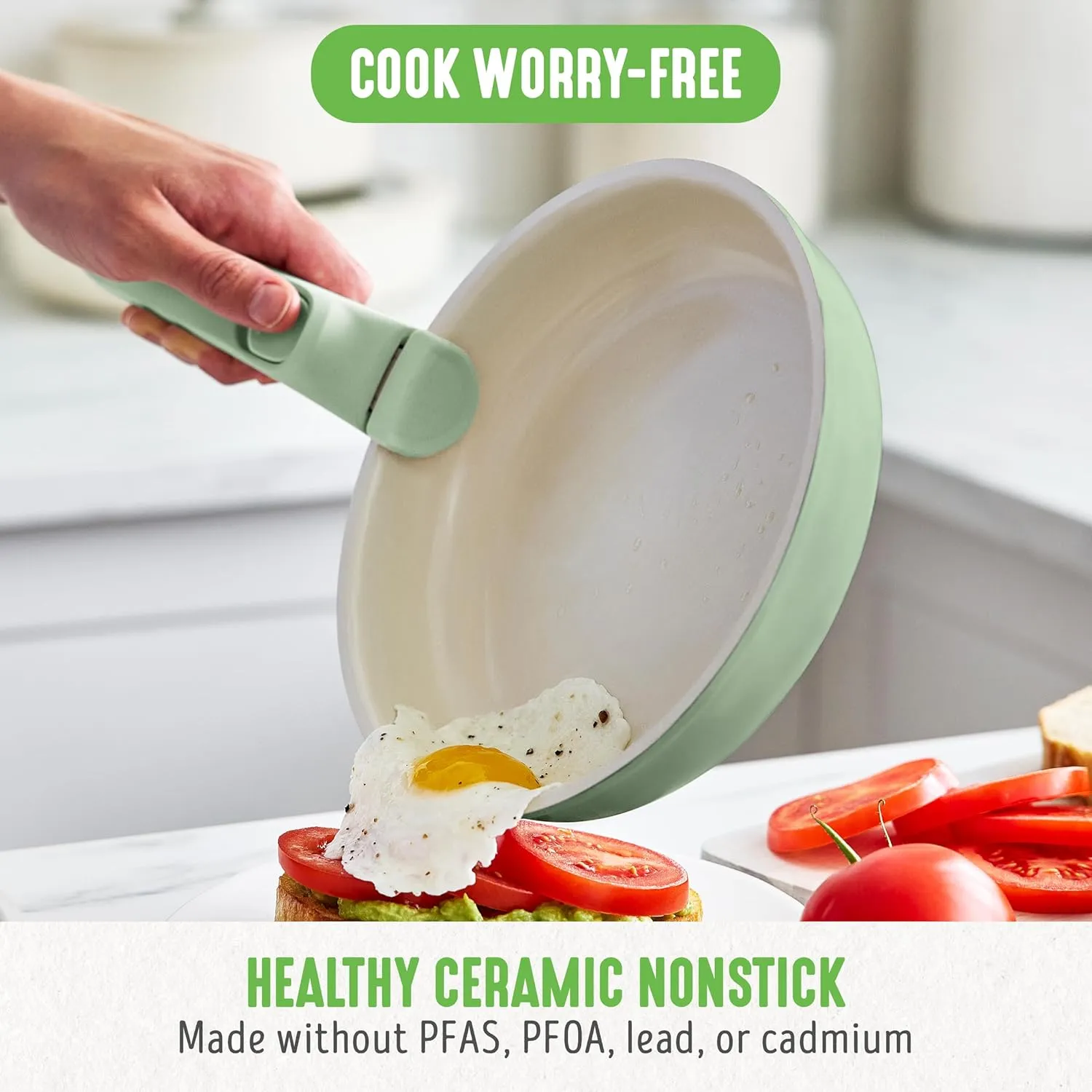 GreenLife 10 Piece Ceramic Pots and Pans Set, Nonstick Detachable & Stackable Cookware Set, Induction Kitchen Pans, Space Saving with Removable Handle, Oven Safe, Non Toxic PFAS-Free, Sage Green