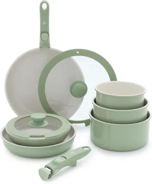 GreenLife 10 Piece Ceramic Pots and Pans Set, Nonstick Detachable & Stackable Cookware Set, Induction Kitchen Pans, Space Saving with Removable Handle, Oven Safe, Non Toxic PFAS-Free, Sage Green