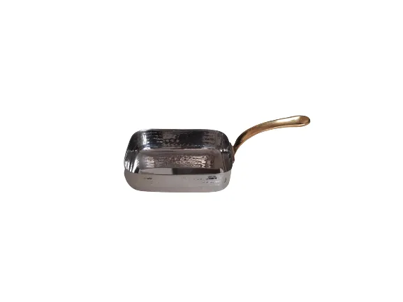 Hammered Stainless Steel Rectangle Shape Serving Pan with Single Brass Handle #2, 700 ML, 6.75"