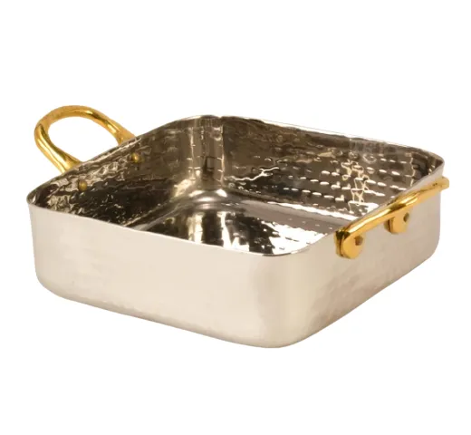Hammered Stainless Steel Square Shape Serving Pan with Double Sided Brass Handle #2, 700 ML, 5.75"