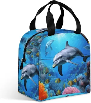 Hand-held Lunch Bag,Dolphin in The Coral Reef Print Lunch Box Bag,fresh Lunch Box Handbag,large Capacity Lunch Bag