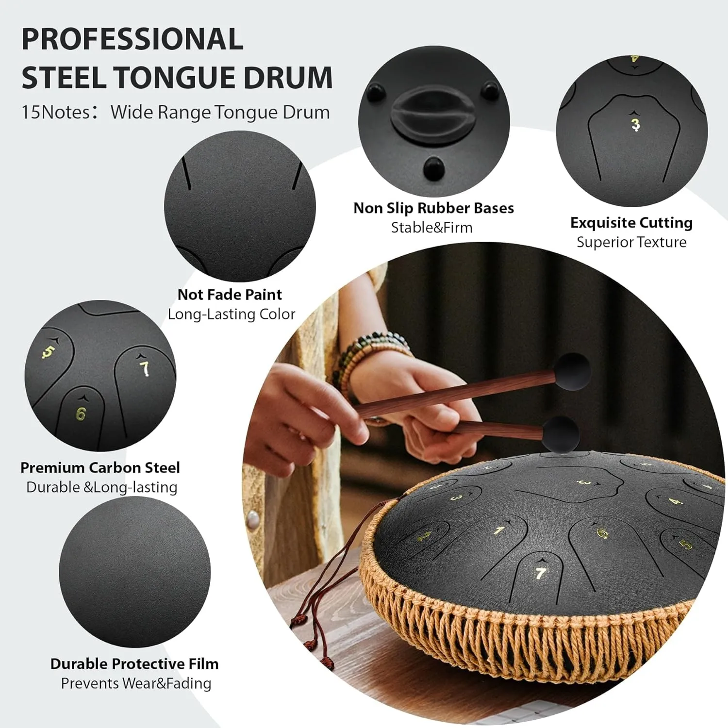 Handpan Drum Sets - 14 Inches 15 Notes Steel Handpan Tongue Drum, Premium C/D Major Hand Drum Instrument, Handpan Instrument For Adults, For Musical Education Meditation Yoga(D)