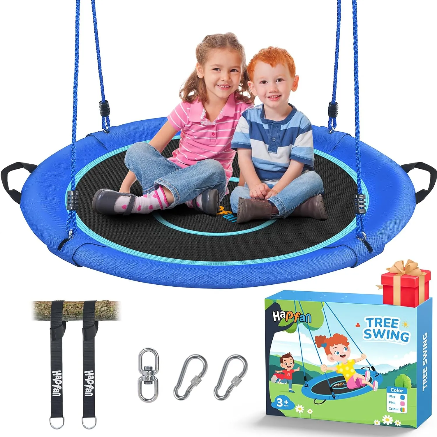 Hapfan 40" Saucer Tree Swing for Kids and Adults, Disc Round Swing for Kids Outdoor with Swivel, UV-Resistant Textilene Fabric, 700 lb Weight Capacity, 9.8 FT Hanging Straps, 2-Year Warranty (Blue)