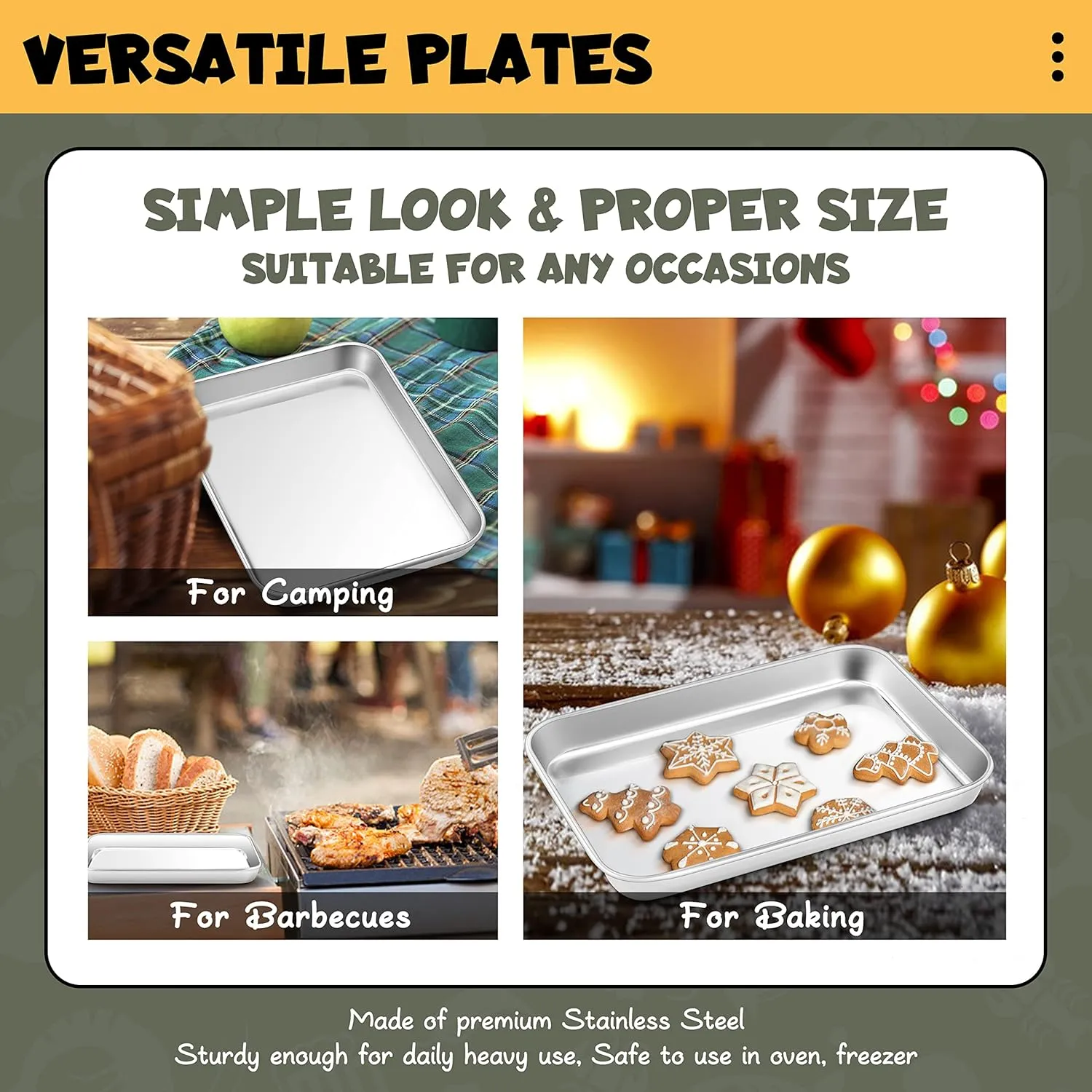 HaWare Stainless Steel Kids Plates, 6-Piece Metal Dinner Dish Set for Toddler Children, 9.4’’ x 7.3 ’’ x 1’’ Snack Food Tray Plate, Durable Baking Sheet Pan for Oven, Non-Toxic and Dishwasher Safe