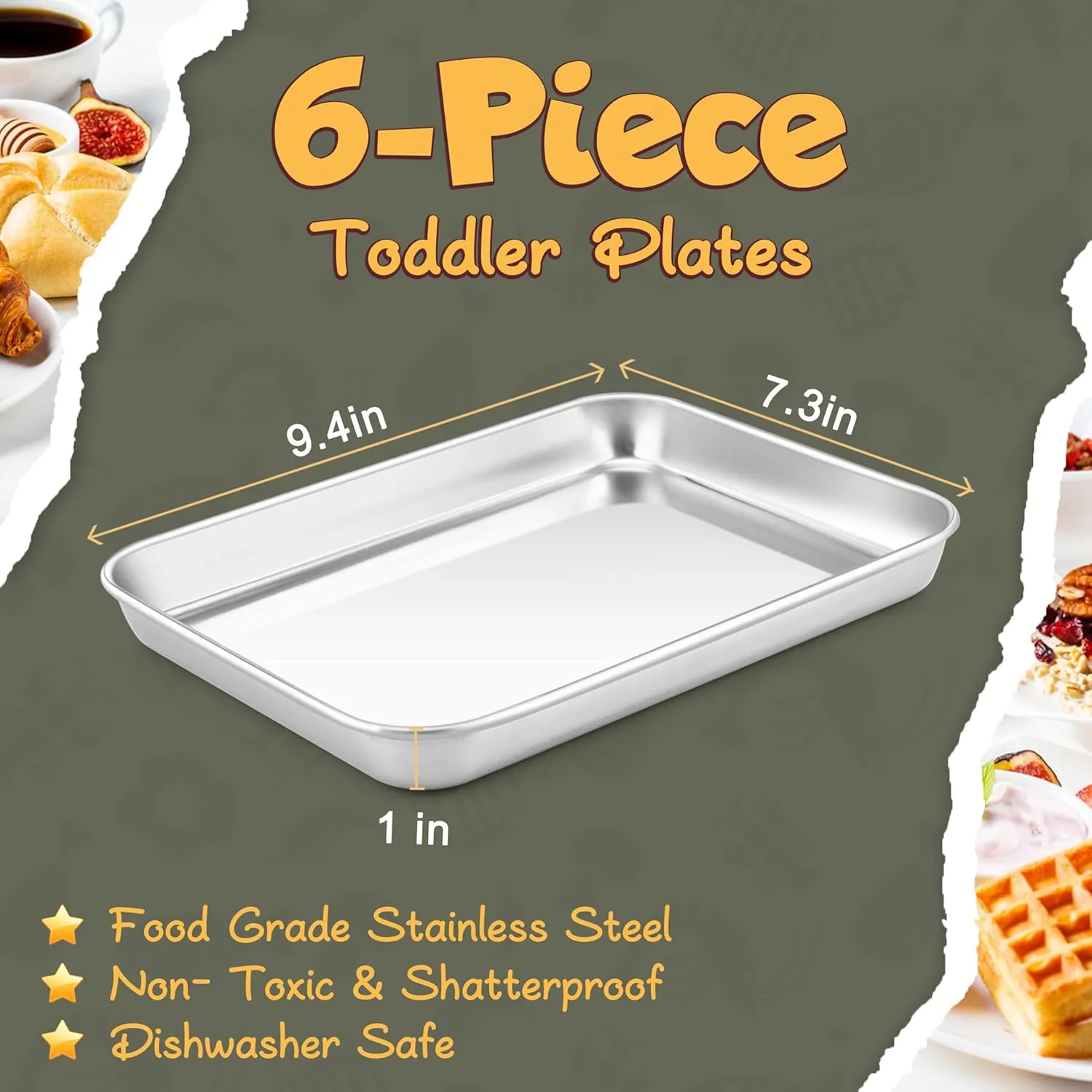 HaWare Stainless Steel Kids Plates, 6-Piece Metal Dinner Dish Set for Toddler Children, 9.4’’ x 7.3 ’’ x 1’’ Snack Food Tray Plate, Durable Baking Sheet Pan for Oven, Non-Toxic and Dishwasher Safe