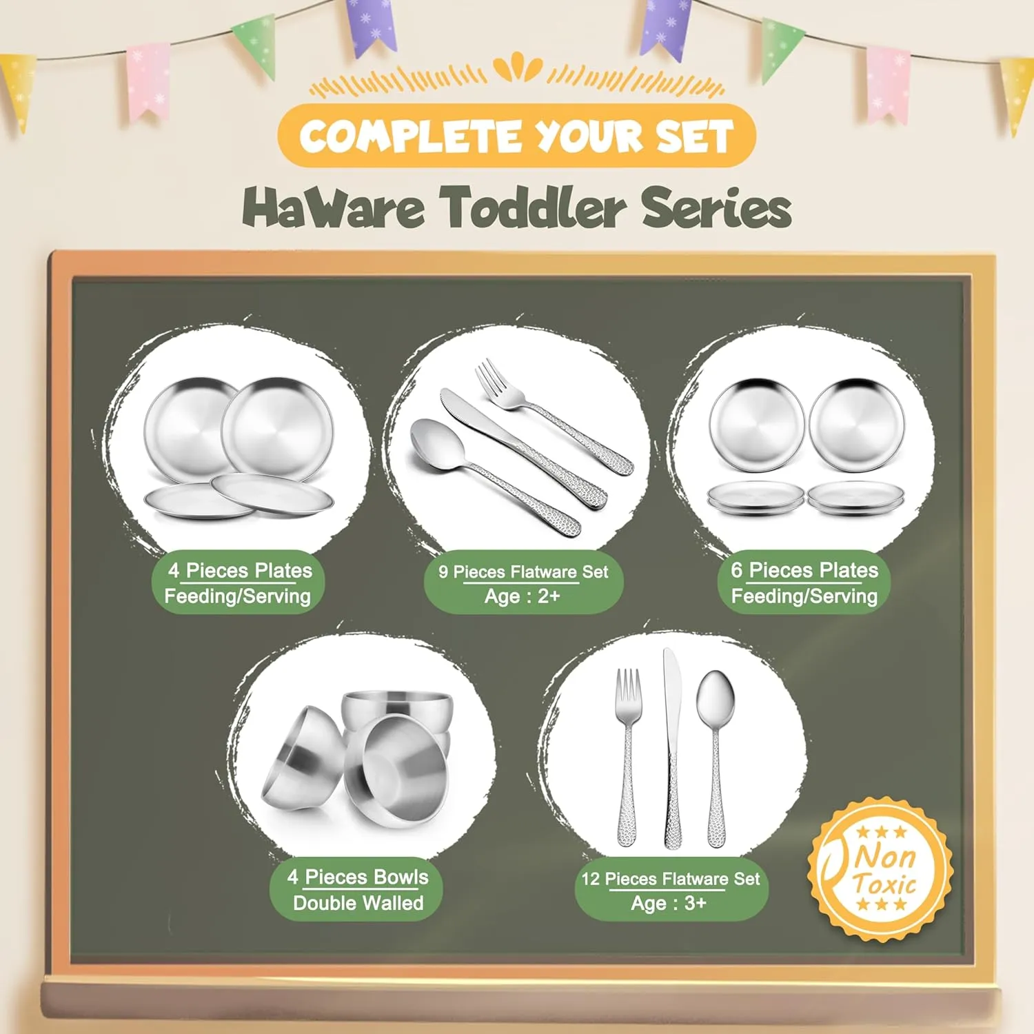 HaWare Stainless Steel Kids Plates, 6-Piece Metal Dinner Dish Set for Toddler Children, 9.4’’ x 7.3 ’’ x 1’’ Snack Food Tray Plate, Durable Baking Sheet Pan for Oven, Non-Toxic and Dishwasher Safe