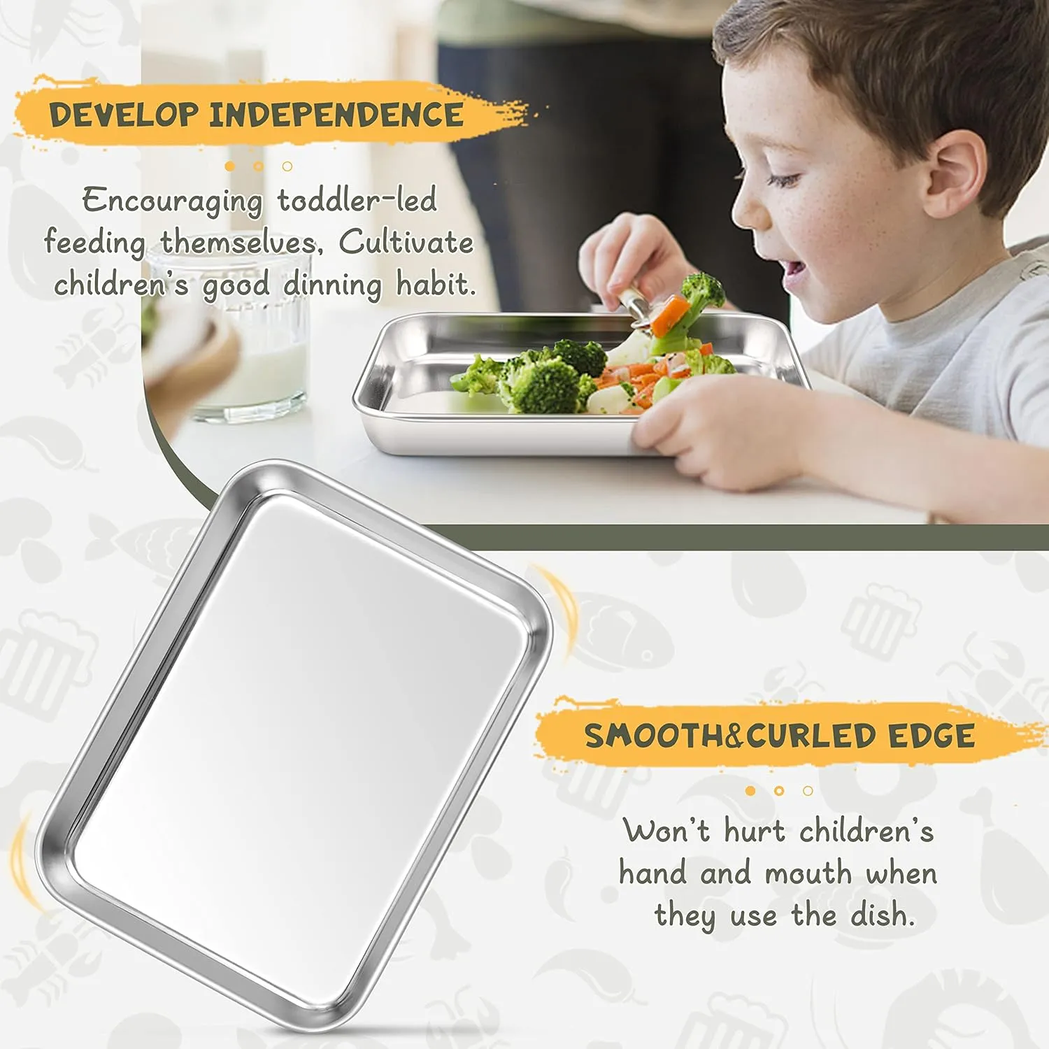 HaWare Stainless Steel Kids Plates, 6-Piece Metal Dinner Dish Set for Toddler Children, 9.4’’ x 7.3 ’’ x 1’’ Snack Food Tray Plate, Durable Baking Sheet Pan for Oven, Non-Toxic and Dishwasher Safe
