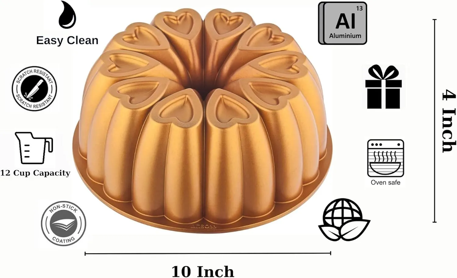 Heart Shape Aluminum Cake Pan, Titanium Coating, Non-Stick, 12 Cups, Heavy Duty, Gifts for Mom, Bundt Cake Pan, 10 Inch Baking Mold, Cast Aluminum Fluted Tube Pan, Easy to Clean (Gold)
