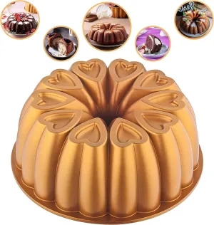 Heart Shape Aluminum Cake Pan, Titanium Coating, Non-Stick, 12 Cups, Heavy Duty, Gifts for Mom, Bundt Cake Pan, 10 Inch Baking Mold, Cast Aluminum Fluted Tube Pan, Easy to Clean (Gold)