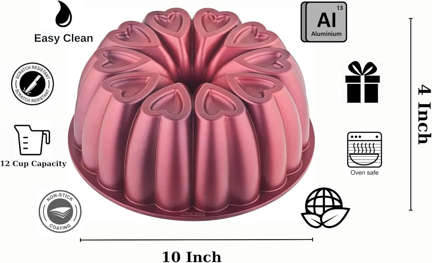 Heart Shape Aluminum Cake Pan, Titanium Coating, Non-Stick, 12 Cups, Heavy Duty, Gifts for Mom, Bundt Cake Pan, 10 Inch Baking Mold, Cast Aluminum Fluted Tube Pan, Easy to Clean (Red)