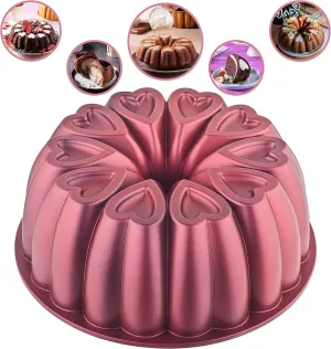 Heart Shape Aluminum Cake Pan, Titanium Coating, Non-Stick, 12 Cups, Heavy Duty, Gifts for Mom, Bundt Cake Pan, 10 Inch Baking Mold, Cast Aluminum Fluted Tube Pan, Easy to Clean (Red)