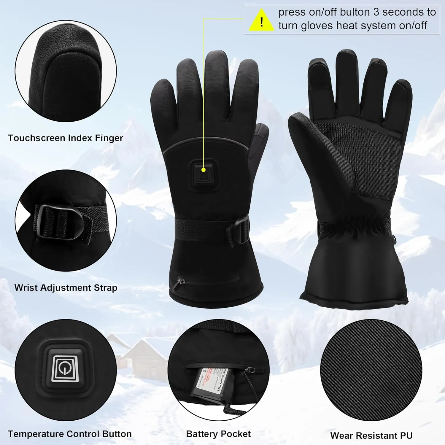 Heated Gloves for Men Women Rechargeable Battery Electric Hand Warmers Touchscreen Winter Hetaed Motorycle Gear for Motorcycle Fishing Hiking Cycling Skiing