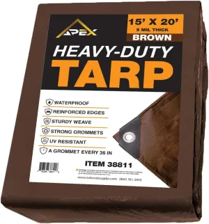 Heavy Duty Brown Tarp - 15ft x 20ft - 5 MIL Multipurpose UV Resistant, Waterproof Protective Tarp Cover with Metal Grommets and Reinforced Edges - for Roof, Camping, Patio, Boat, Car
