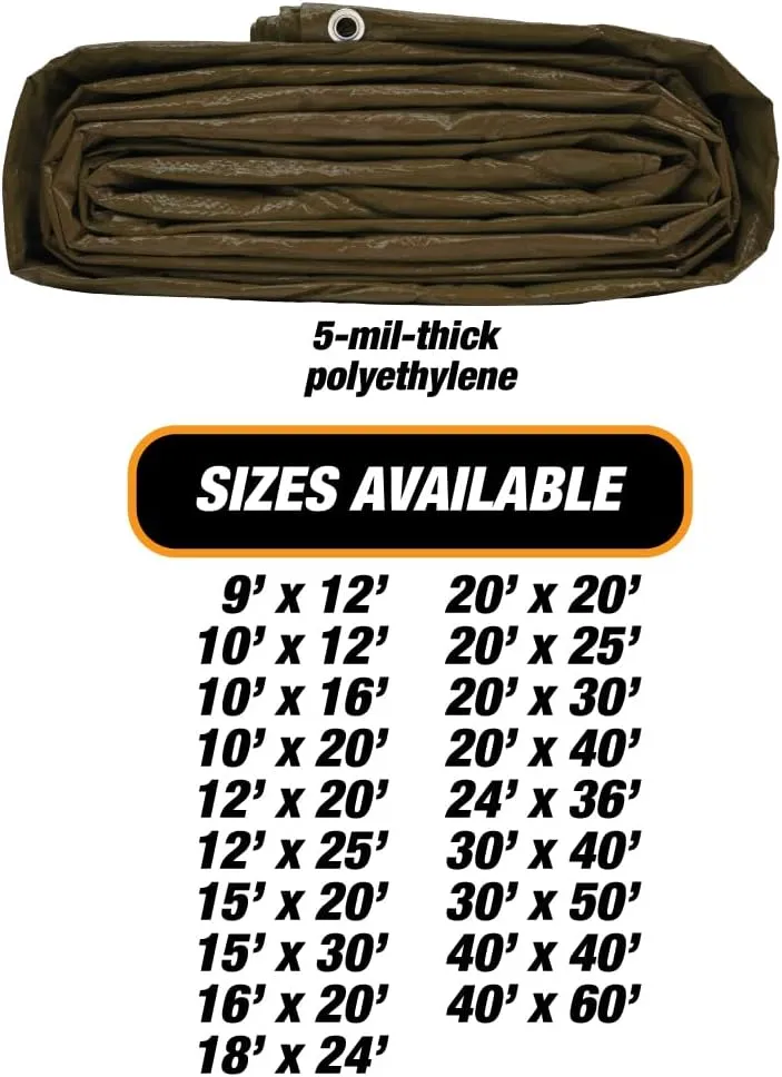 Heavy Duty Brown Tarp - 15ft x 20ft - 5 MIL Multipurpose UV Resistant, Waterproof Protective Tarp Cover with Metal Grommets and Reinforced Edges - for Roof, Camping, Patio, Boat, Car