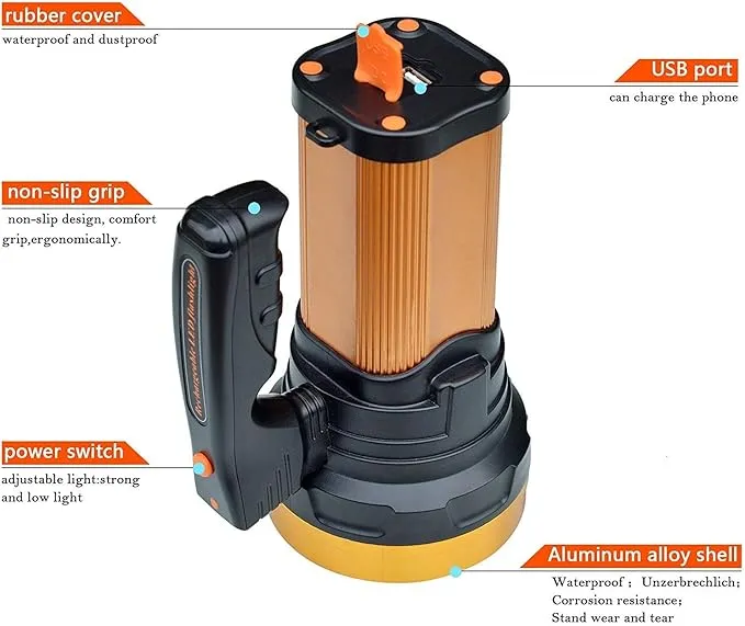Heavy Duty Flashlight – Bright Rechargeable Searchlight with 2 Modes – Led Spotlight Handle – Easy to Use – Built-in Rechargeable Battery