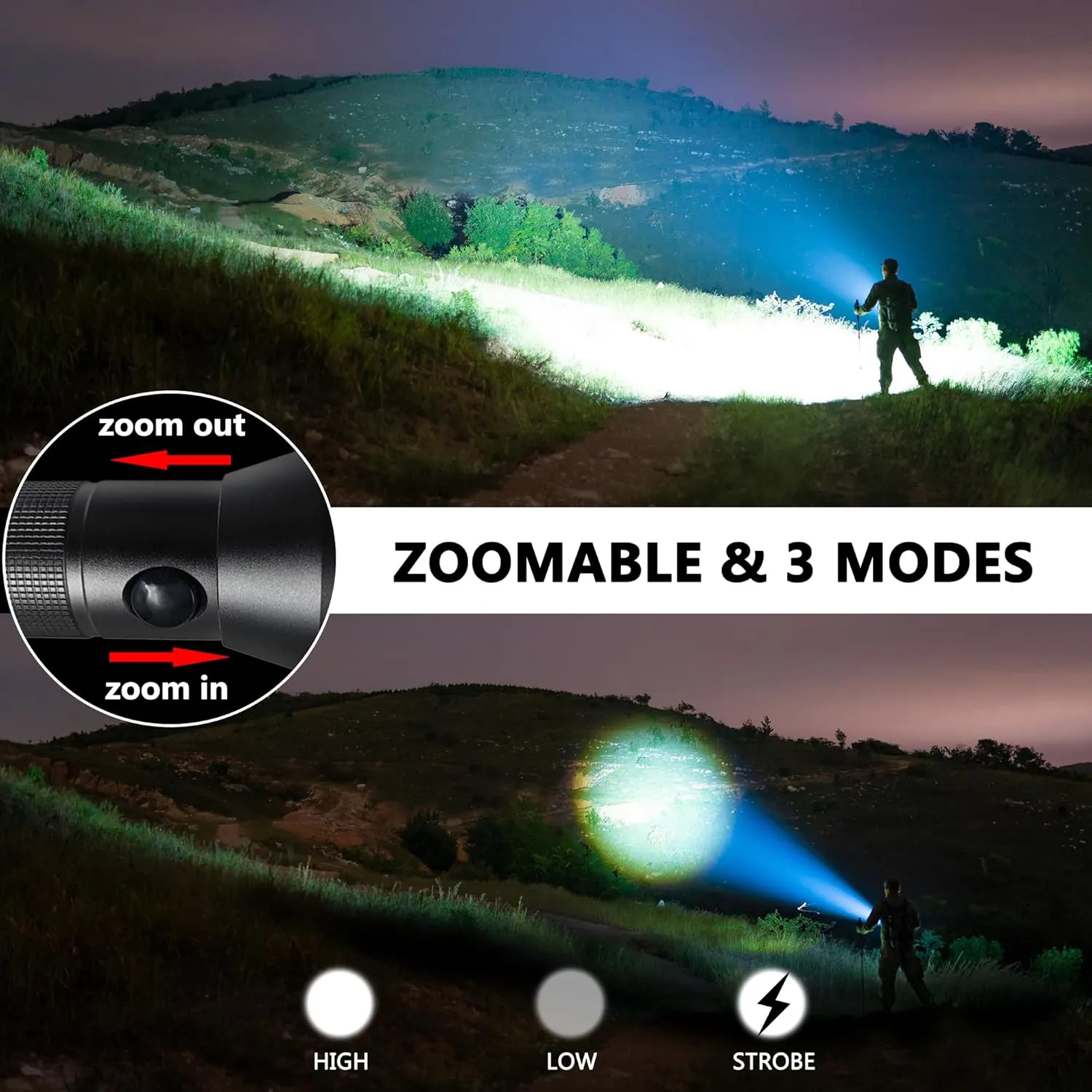 Heavy-Duty LED 3-Cell D Flashlight High Lumens, 3 Modes, Zoomable Flashlights for Power Outages, Hurricane Supplies, Camping