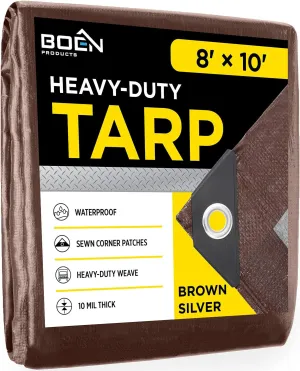 Heavy Duty Tarp Waterproof Large Cover |Brown/Silver, 8' x 10' 10 Mil Thick | Rip Proof Tarps | Thick Weave Material, UV Resistant Great for Tarpaulin Canopy Tent, Boat, RV or Pool Cover