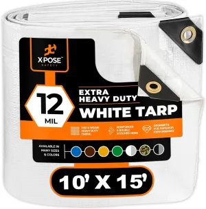 Heavy Duty White Poly Tarp 10' X 15' - Multipurpose Protective Cover - Durable, Waterproof, Weather Proof, Rip and Tear Resistant - Extra Thick 12 Mil Polyethylene - by Xpose Safety
