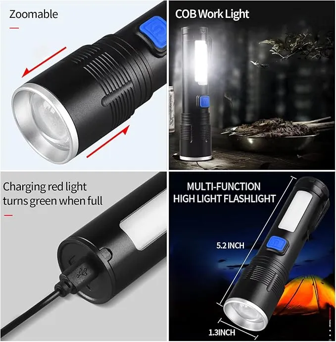 High Lumens Rechargeable Tactical Flashlights，Super Bright 100000 Lumen Flashlight， COB Work Light，3 Modes Zoomable Emergency Camping Led Flashlights.