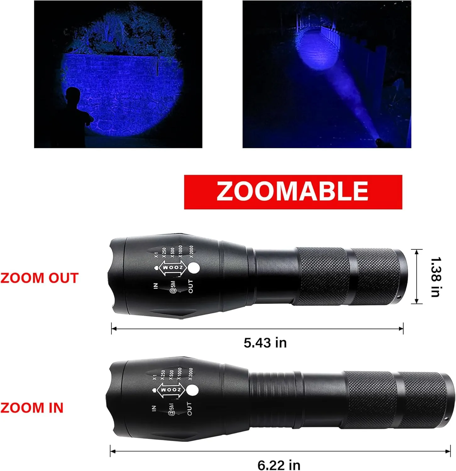 High Power Blue LED Flashlight,Zoomable Long Range Single Mode Blue Light Flashlights for Night Deer Hunting Fishing