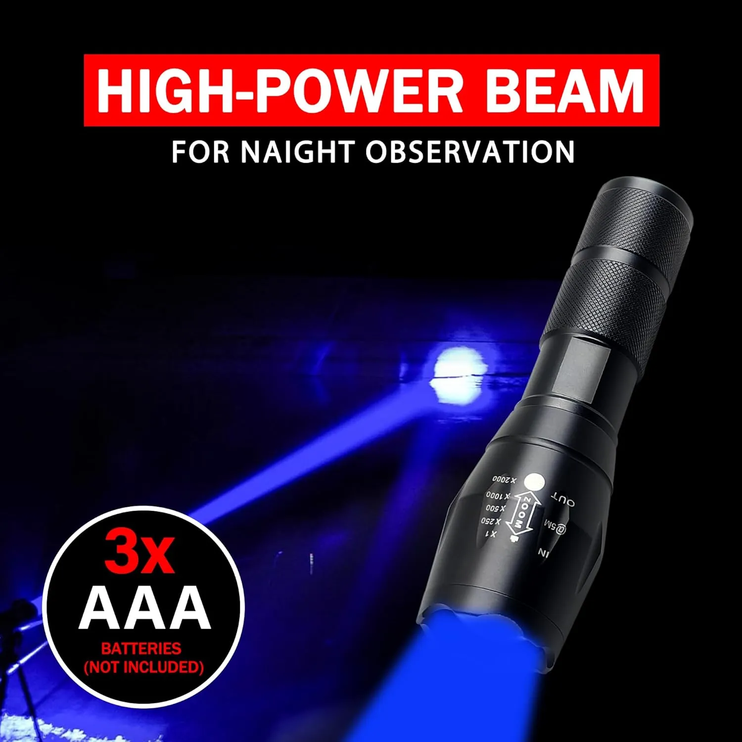 High Power Blue LED Flashlight,Zoomable Long Range Single Mode Blue Light Flashlights for Night Deer Hunting Fishing