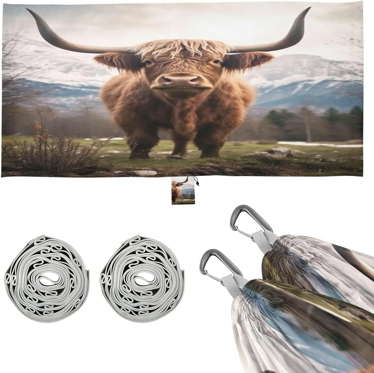 Highland Cows Camping Hammock, Single Portable Hammocks with Tree Straps & Attached Carry Bag, 330Lbs Capacity Perfect for Outside Indoor Hiking Beach Backpack Travel