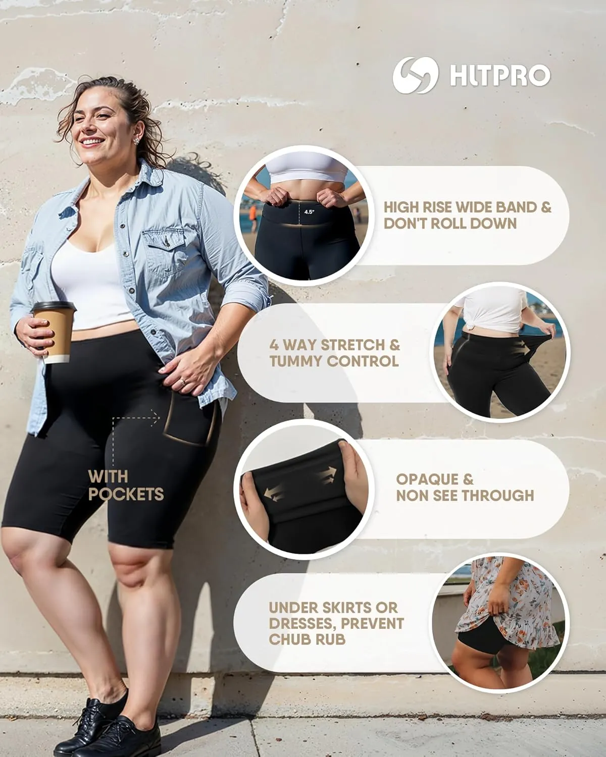 HLTPRO 3 Pack Plus Size Biker Shorts with Pockets for Women (S-4XL)- 8"/5"/3" High Waist Tummy Control Shorts for Yoga
