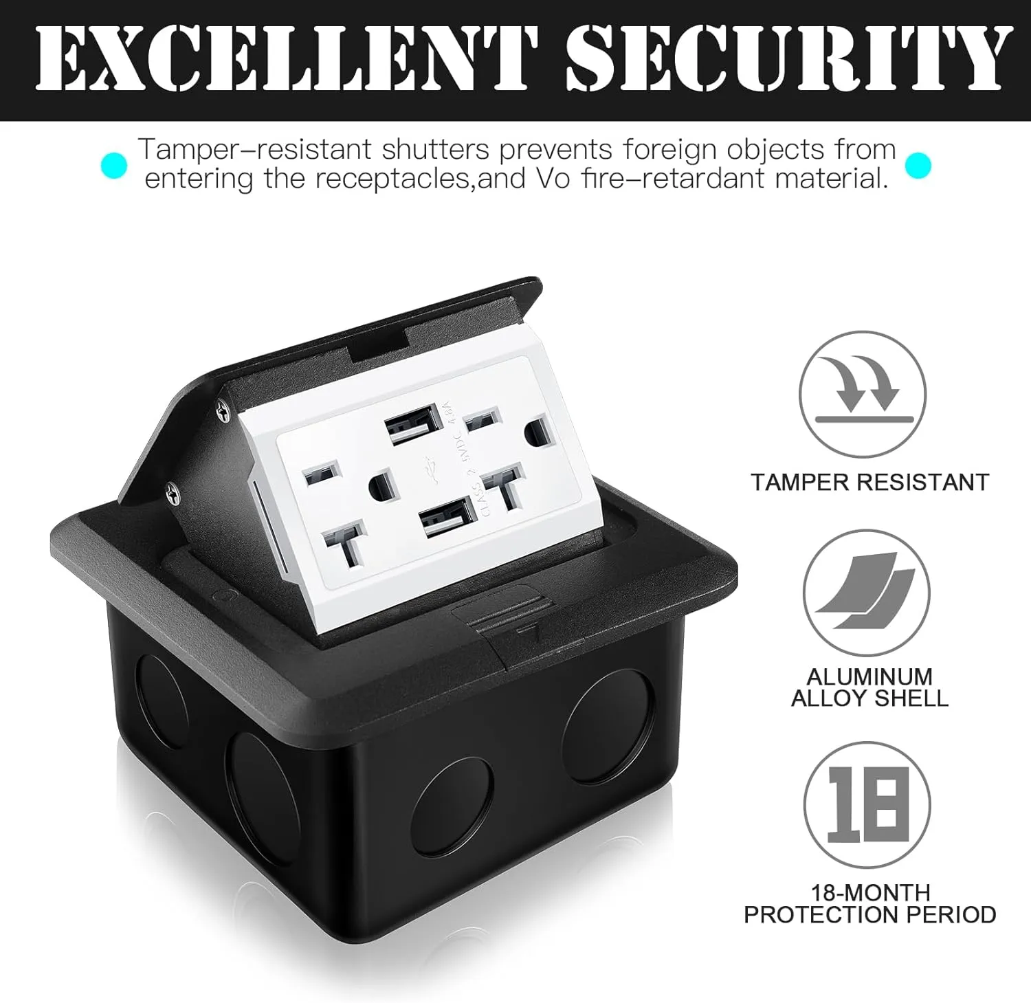 Hoolerry 4 Pack Pop up Floor Electrical Outlet Cover Box Kit with 4.8A USB Charger 20Amp Waterproof Weatherproof Floor Tamper Resistant Outlet Receptacle for Countertop Home (Black)