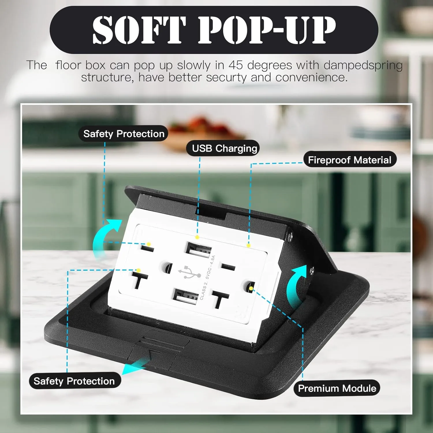Hoolerry 4 Pack Pop up Floor Electrical Outlet Cover Box Kit with 4.8A USB Charger 20Amp Waterproof Weatherproof Floor Tamper Resistant Outlet Receptacle for Countertop Home (Black)
