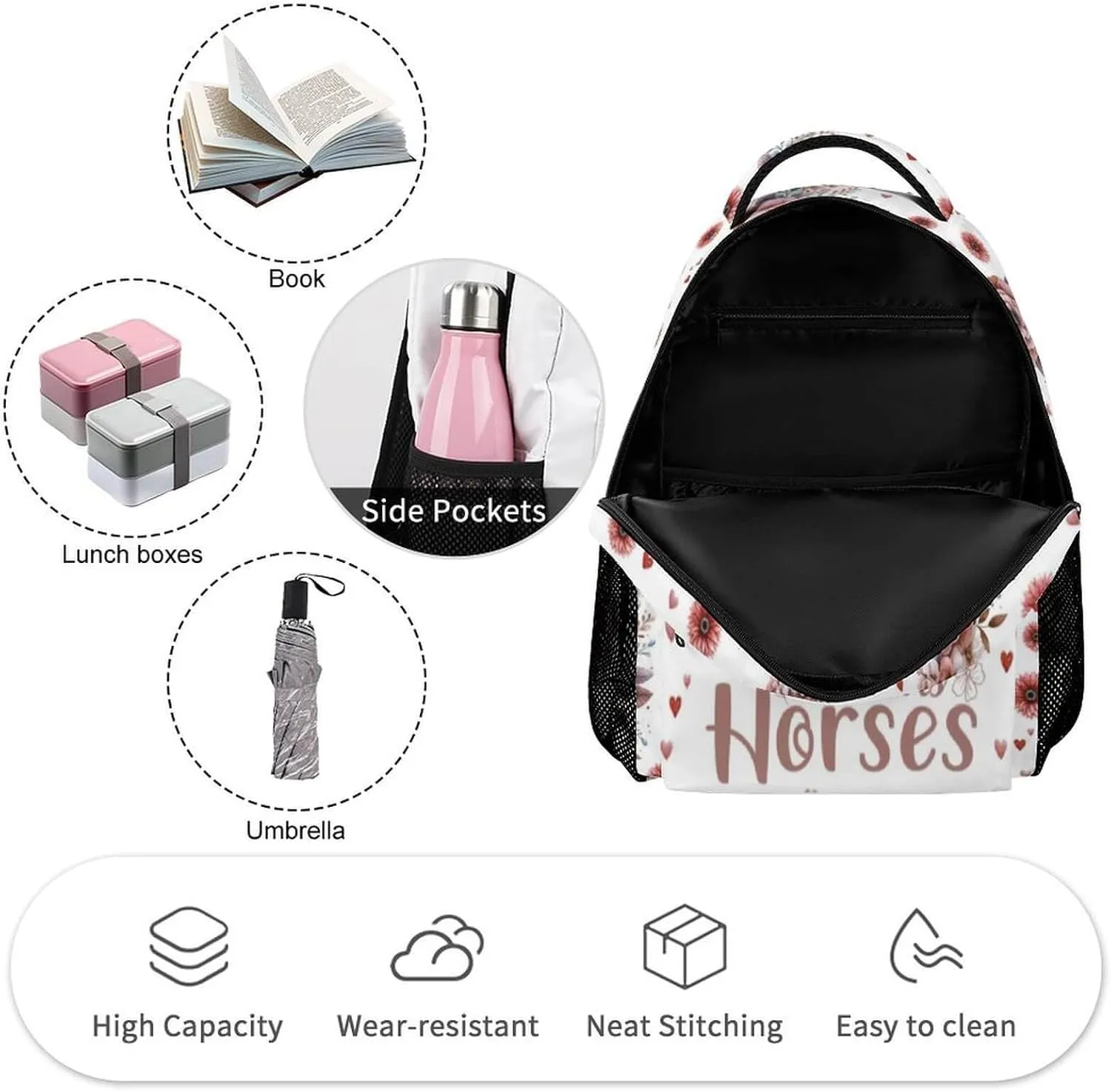 Horse School Backpack for Kids Girls Boys, 16 Inch Cute Horses Themed Bookbag, Personality School Backpack for Students Children, Lightweight, Large Capacity