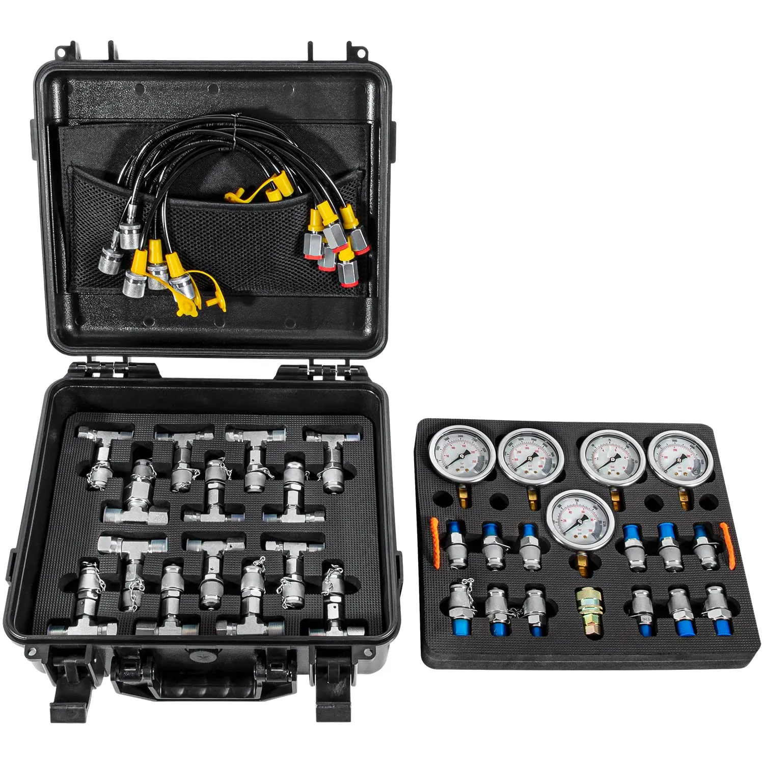Hydraulic Pressure Test Kit with 5 Gauges 13 Test Couplings 14 Tee Connectors 5 Test Hoses for Excavator Construction Machinery 10/100/250/400/600bar 150/1500/4000/6000/9000PSI