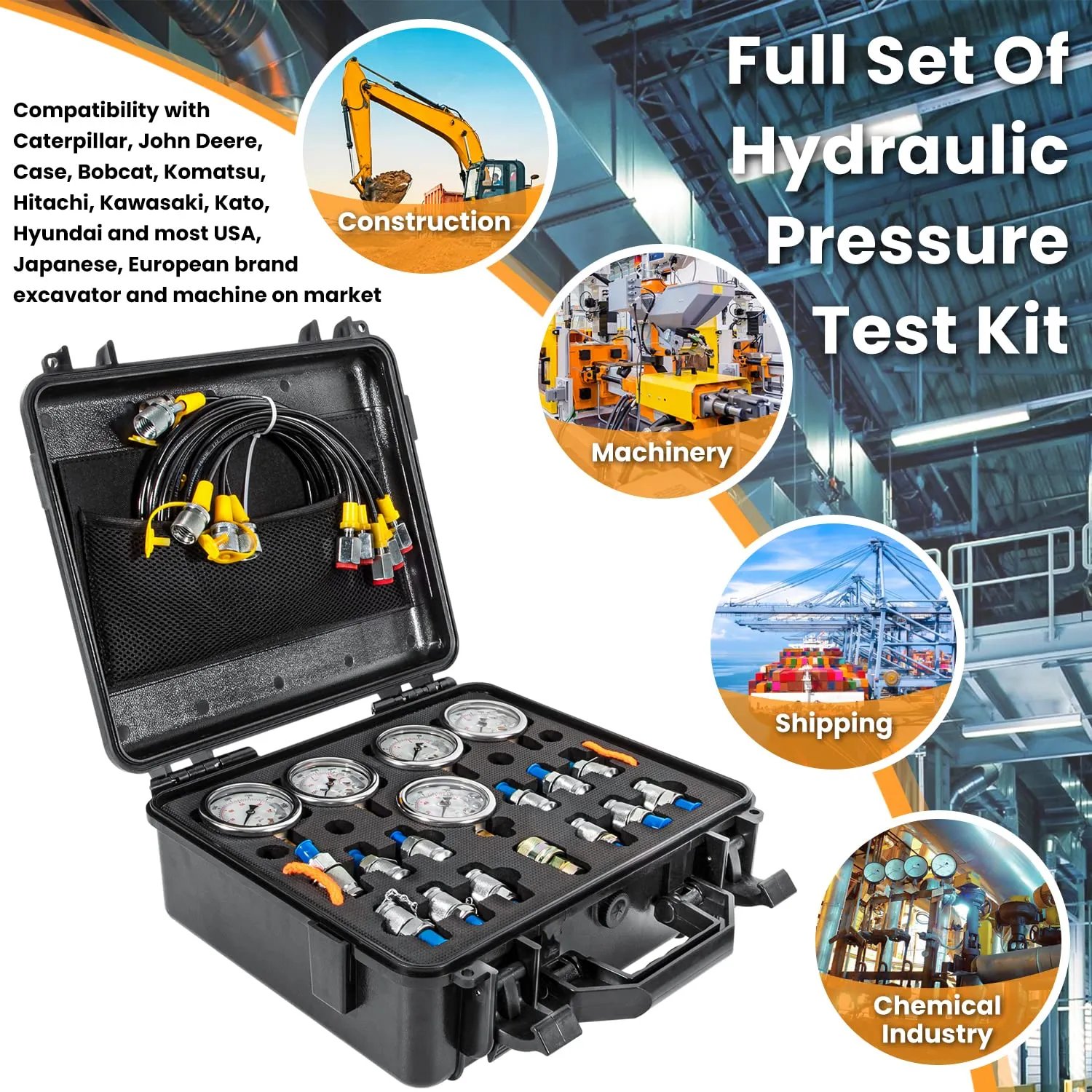 Hydraulic Pressure Test Kit with 5 Gauges 13 Test Couplings 14 Tee Connectors 5 Test Hoses for Excavator Construction Machinery 10/100/250/400/600bar 150/1500/4000/6000/9000PSI
