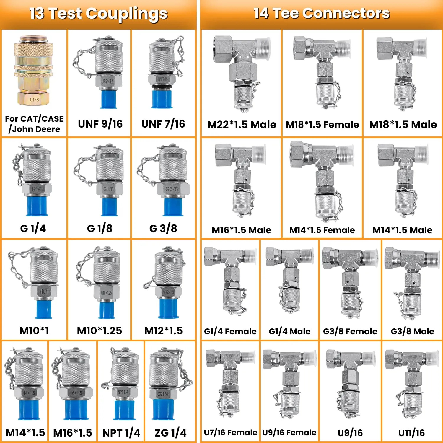 Hydraulic Pressure Test Kit with 5 Gauges 13 Test Couplings 14 Tee Connectors 5 Test Hoses for Excavator Construction Machinery 10/100/250/400/600bar 150/1500/4000/6000/9000PSI