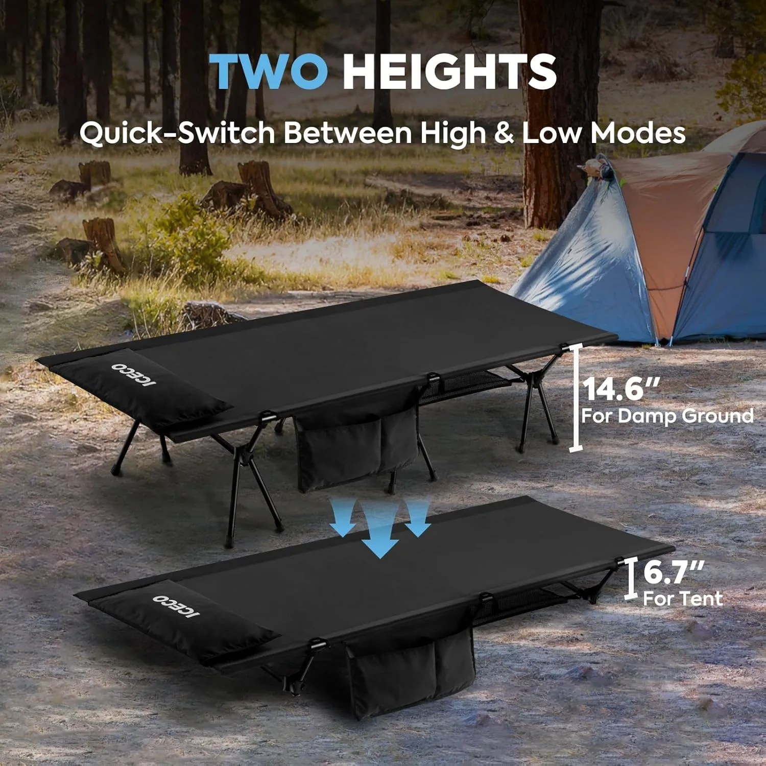ICECO Camping Cot for Adults, Folding Cot for Camping, Portable Bed Sleeping Cot, Lightweight Backpacking Cot Strong Support 330 Lbs, Tent, Outdoor, Hiking, Travel, RV, Beach (L-Black)