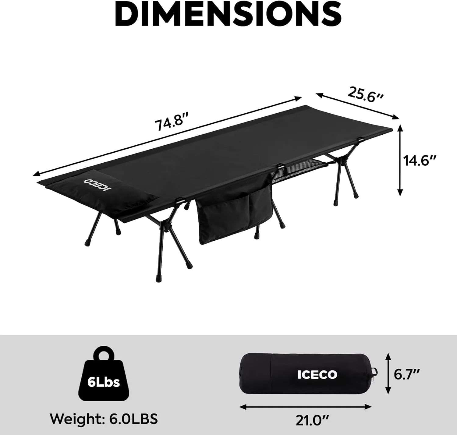 ICECO Camping Cot for Adults, Folding Cot for Camping, Portable Bed Sleeping Cot, Lightweight Backpacking Cot Strong Support 330 Lbs, Tent, Outdoor, Hiking, Travel, RV, Beach (L-Black)