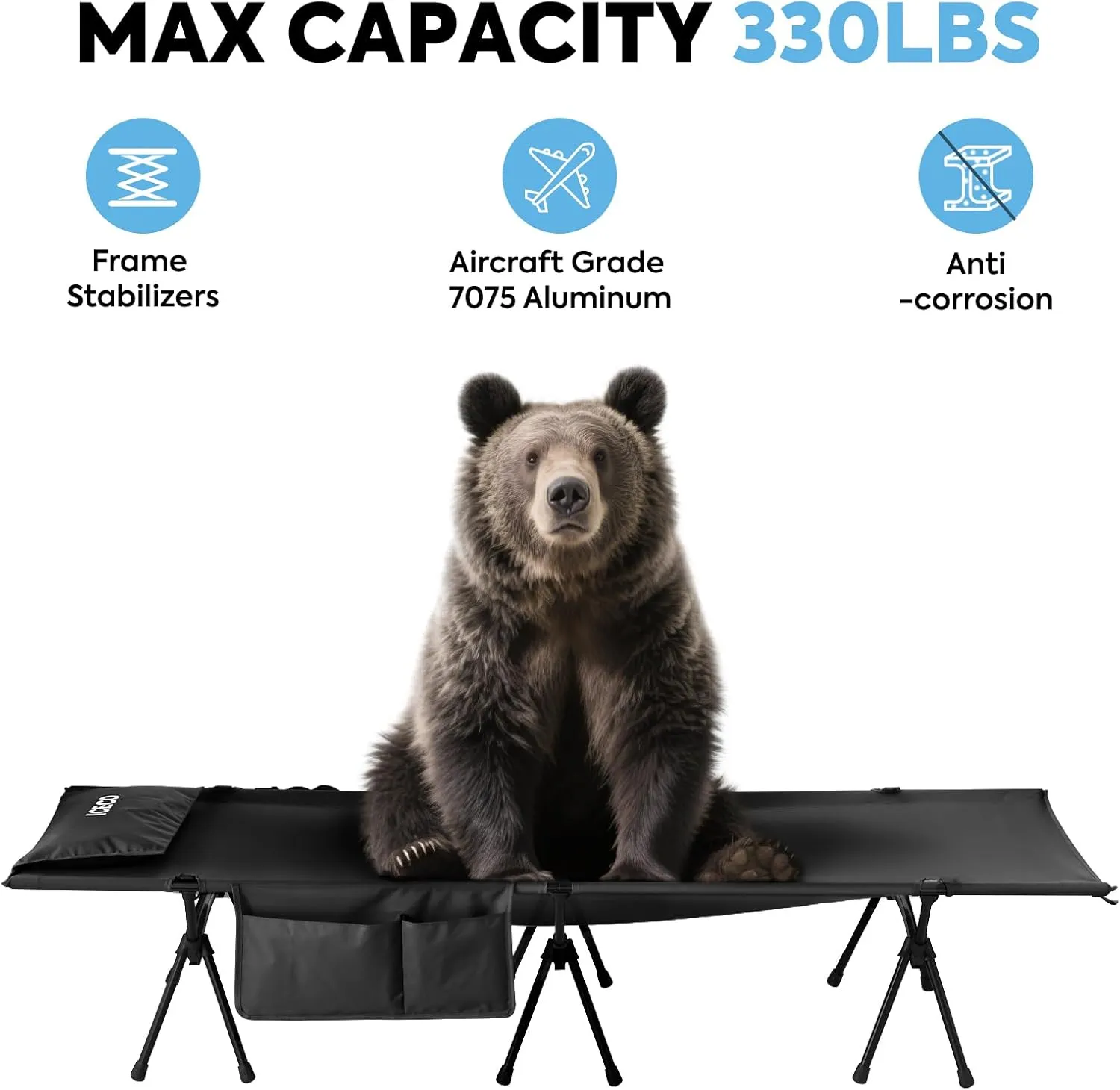 ICECO Camping Cot for Adults, Folding Cot for Camping, Portable Bed Sleeping Cot, Lightweight Backpacking Cot Strong Support 330 Lbs, Tent, Outdoor, Hiking, Travel, RV, Beach (L-Black)
