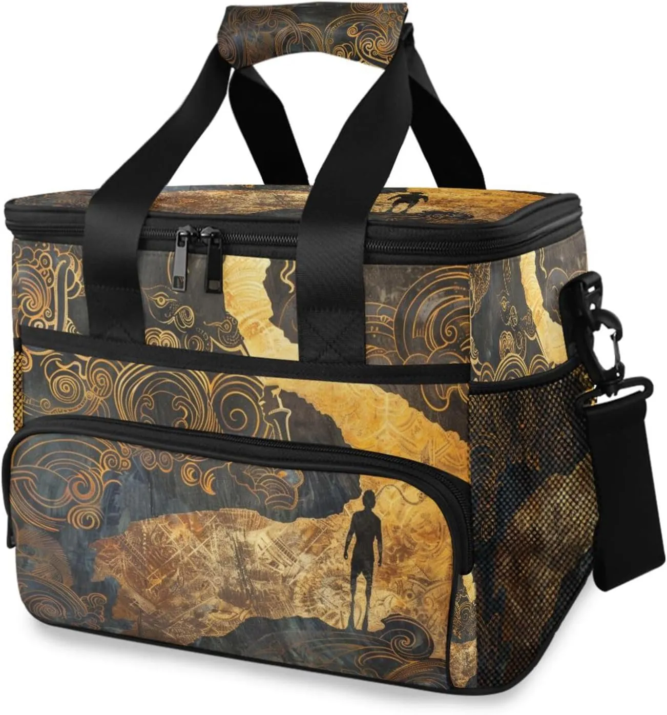 Insulated Cooler Bag 24 Cans Large Capacity Lunch Box-Abstract Retro Painting Print Leak Proof with Shoulder Strap for Camping Picnic