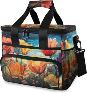 Insulated Cooler Bag 24 Cans Large Capacity Lunch Box-Brightly Colored Flowers Print Leak Proof with Shoulder Strap for Camping Picnic
