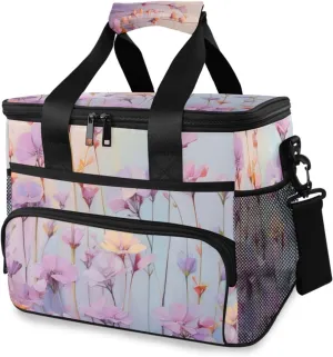 Insulated Cooler Bag 24 Cans Large Capacity Lunch Box-Elegant Purple Flowers Print Leak Proof with Shoulder Strap for Camping Picnic