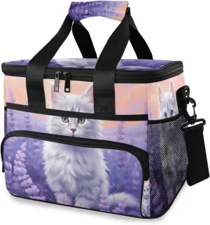 Insulated Cooler Bag 24 Cans Large Capacity Lunch Box-Lavender Cat Print Leak Proof with Shoulder Strap for Camping Picnic