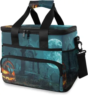 Insulated Cooler Bag 24 Cans Large Capacity Lunch Box-Spooky Halloween Scene Print Leak Proof with Shoulder Strap for Camping Picnic