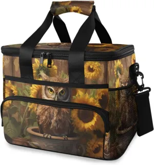 Insulated Cooler Bag 24 Cans Large Capacity Lunch Box-Sunflower Owl Print Leak Proof with Shoulder Strap for Camping Picnic