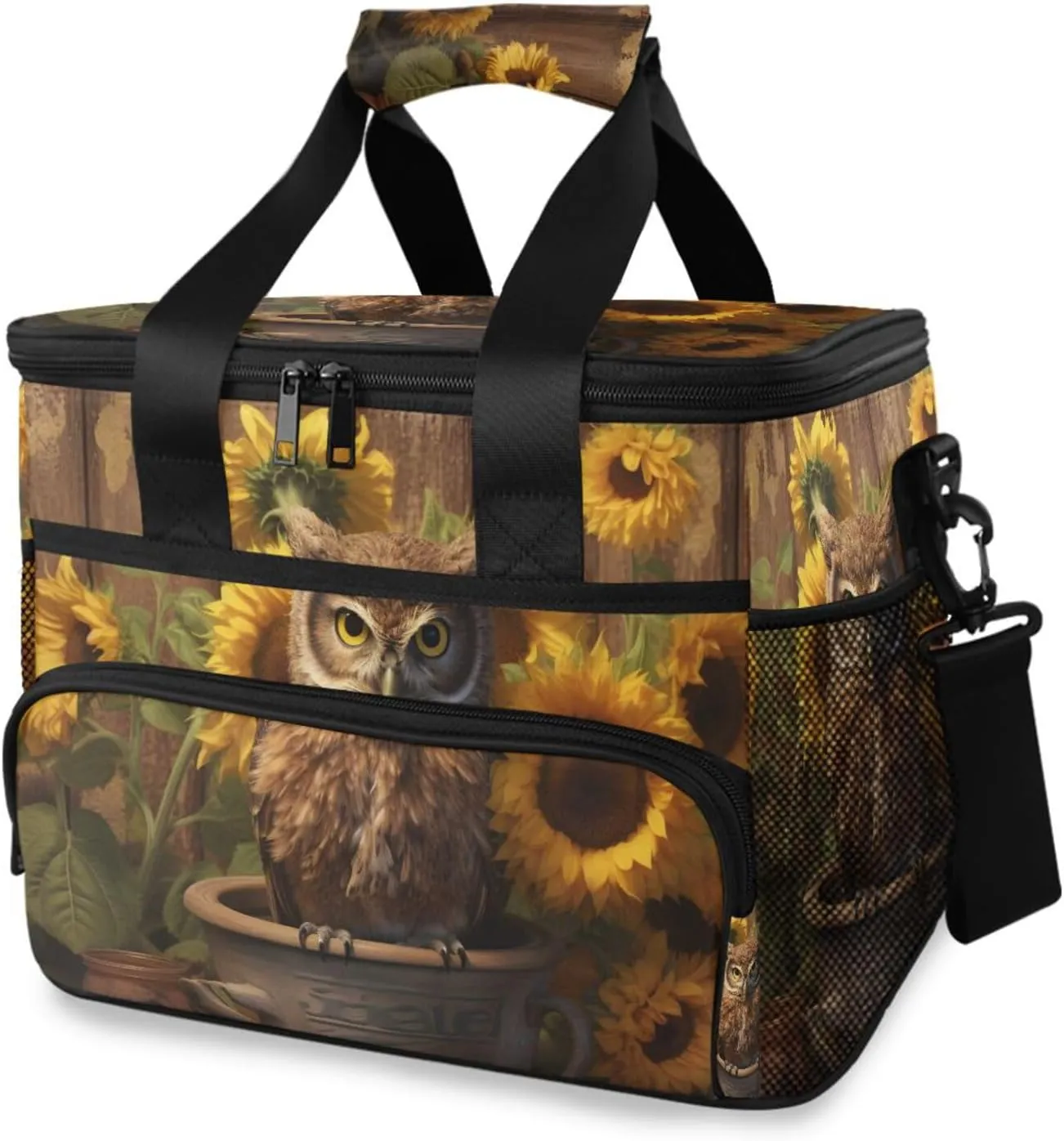 Insulated Cooler Bag 24 Cans Large Capacity Lunch Box-Sunflower Owl Print Leak Proof with Shoulder Strap for Camping Picnic