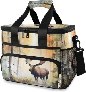 Insulated Cooler Bag 24 Cans Large Capacity Lunch Box-Watercolor Moose Print Leak Proof with Shoulder Strap for Camping Picnic