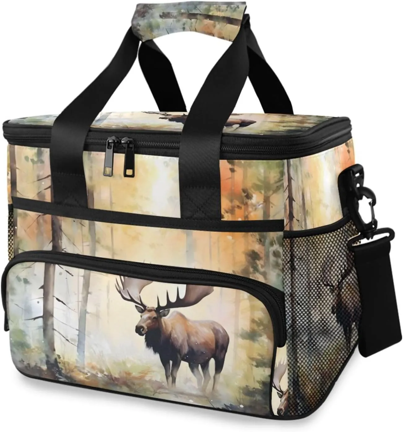 Insulated Cooler Bag 24 Cans Large Capacity Lunch Box-Watercolor Moose Print Leak Proof with Shoulder Strap for Camping Picnic